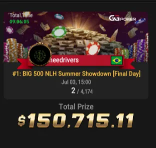 Tela de resultado de torneio do GGPoker na conta ineedrivers: sobre uma arte de fichas e cédulas, uma faixa vermelha traz o nick ineedrivers e a bandeira do Brasil; abaixo, o torneio “#1: BIG 500 NLH Summer Showdown [Final Day]”, a data “Jul 03, 15:00”, a colocação “2 / 4,174” e, por último, “Total Prize” com o valor $150,715.11 em dígitos dourados.
