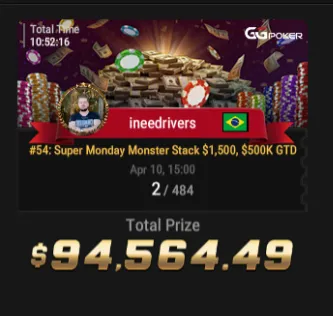 Tela de resultado de torneio do GGPoker na conta ineedrivers: a faixa vermelha traz o nick ineedrivers e a bandeira do Brasil; abaixo, o torneio “#54: Super Monday Monster Stack $1,500, $500K GTD”, a data “Apr 10, 15:00”, a colocação “2 / 484” e, por último, “Total Prize” com o valor $94,564.49.